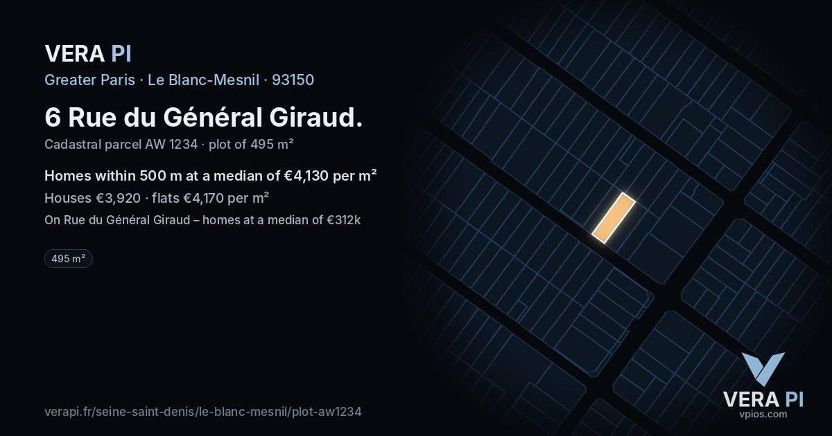 6 Rue du Général Giraud, Le Blanc-Mesnil at night – the plot lit, the parcels around coloured by the prices near them