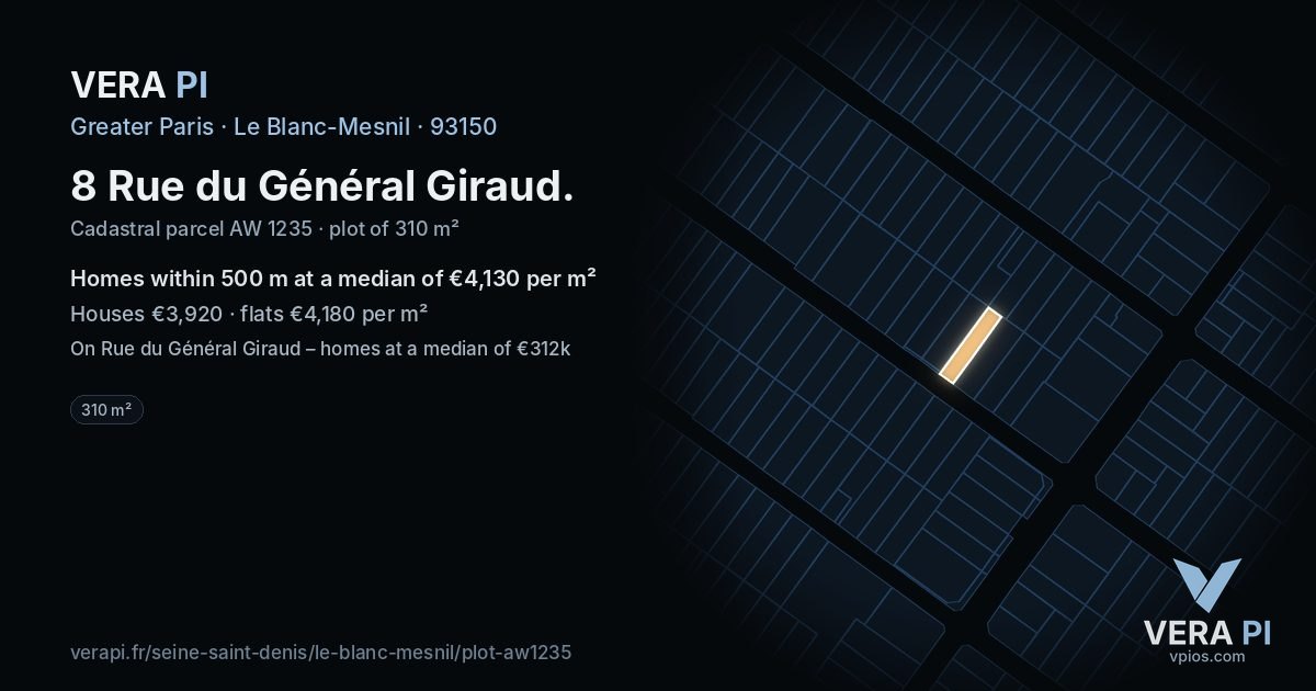 8 Rue du Général Giraud, Le Blanc-Mesnil at night – the plot lit, the parcels around coloured by the prices near them