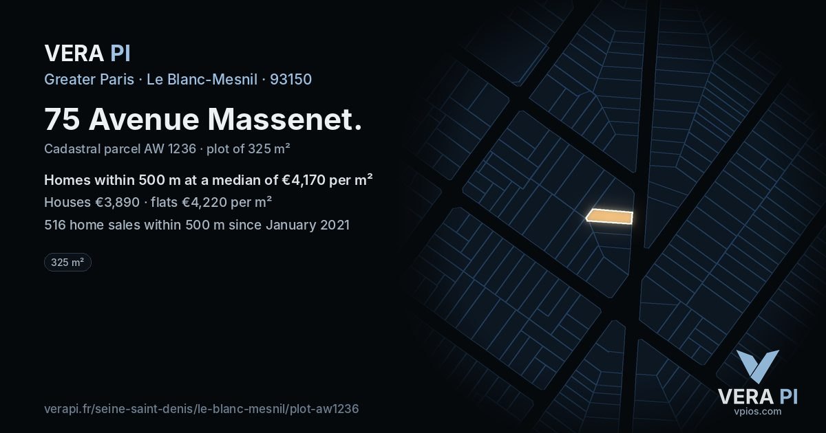 75 Avenue Massenet, Le Blanc-Mesnil at night – the plot lit, the parcels around coloured by the prices near them