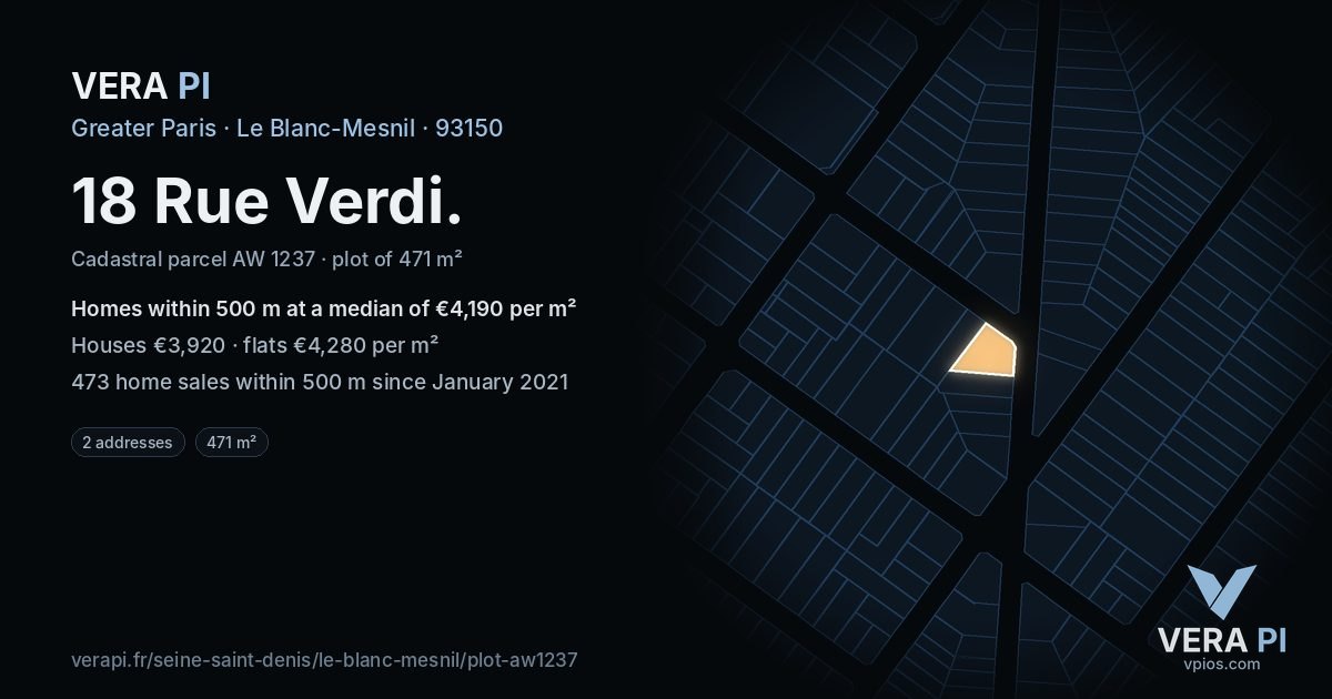 18 Rue Verdi, Le Blanc-Mesnil at night – the plot lit, the parcels around coloured by the prices near them
