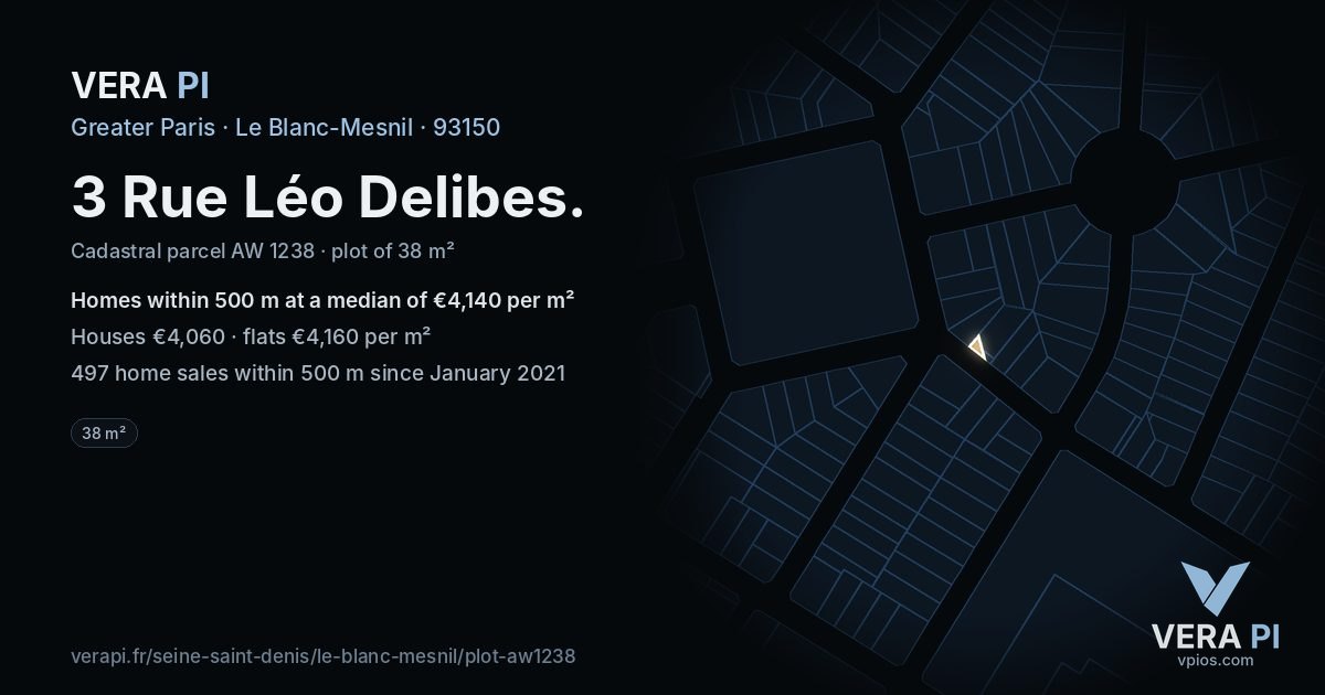 3 Rue Léo Delibes, Le Blanc-Mesnil at night – the plot lit, the parcels around coloured by the prices near them