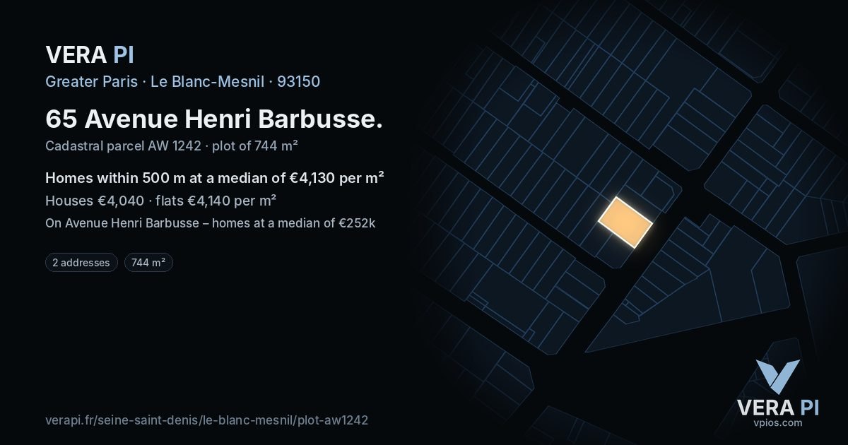 65 Avenue Henri Barbusse, Le Blanc-Mesnil at night – the plot lit, the parcels around coloured by the prices near them