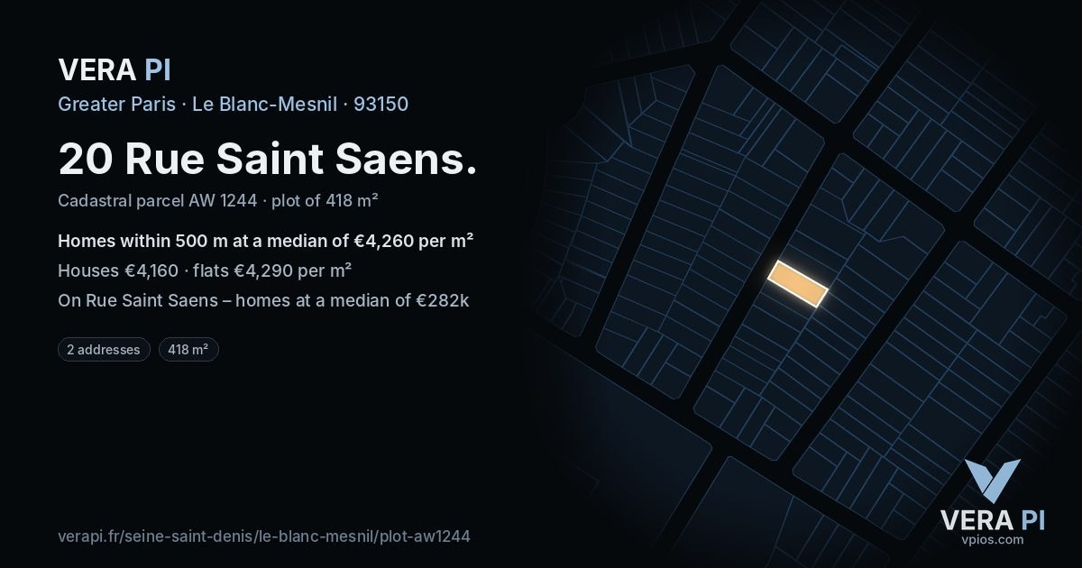 20 Rue Saint Saens, Le Blanc-Mesnil at night – the plot lit, the parcels around coloured by the prices near them