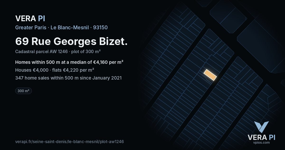 69 Rue Georges Bizet, Le Blanc-Mesnil at night – the plot lit, the parcels around coloured by the prices near them