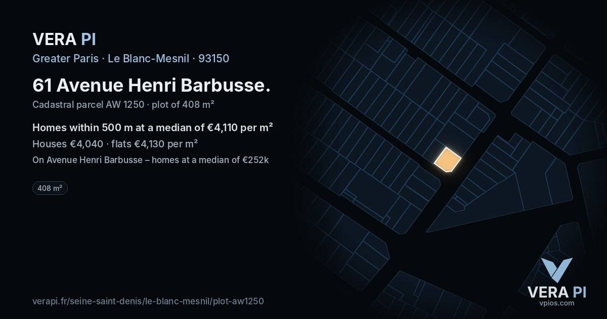 61 Avenue Henri Barbusse, Le Blanc-Mesnil at night – the plot lit, the parcels around coloured by the prices near them