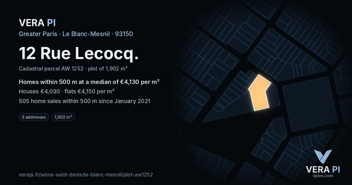 12 Rue Lecocq, Le Blanc-Mesnil at night – the plot lit, the parcels around coloured by the prices near them