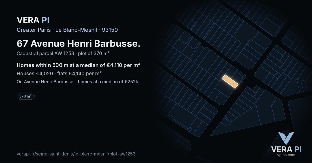 67 Avenue Henri Barbusse, Le Blanc-Mesnil at night – the plot lit, the parcels around coloured by the prices near them