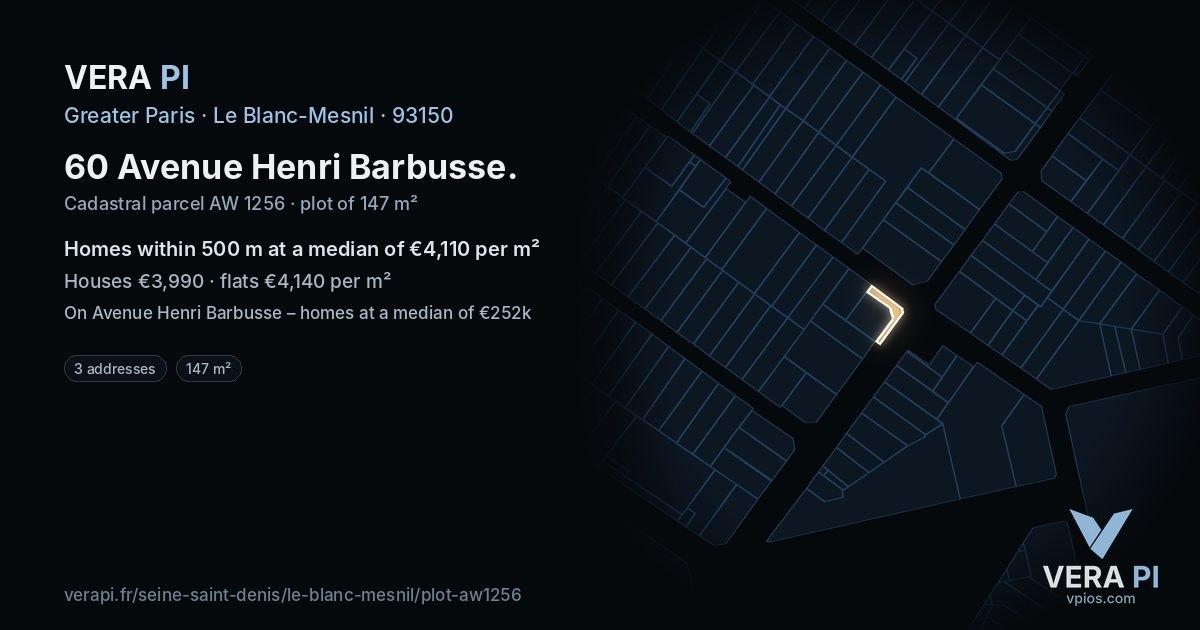 60 Avenue Henri Barbusse, Le Blanc-Mesnil at night – the plot lit, the parcels around coloured by the prices near them