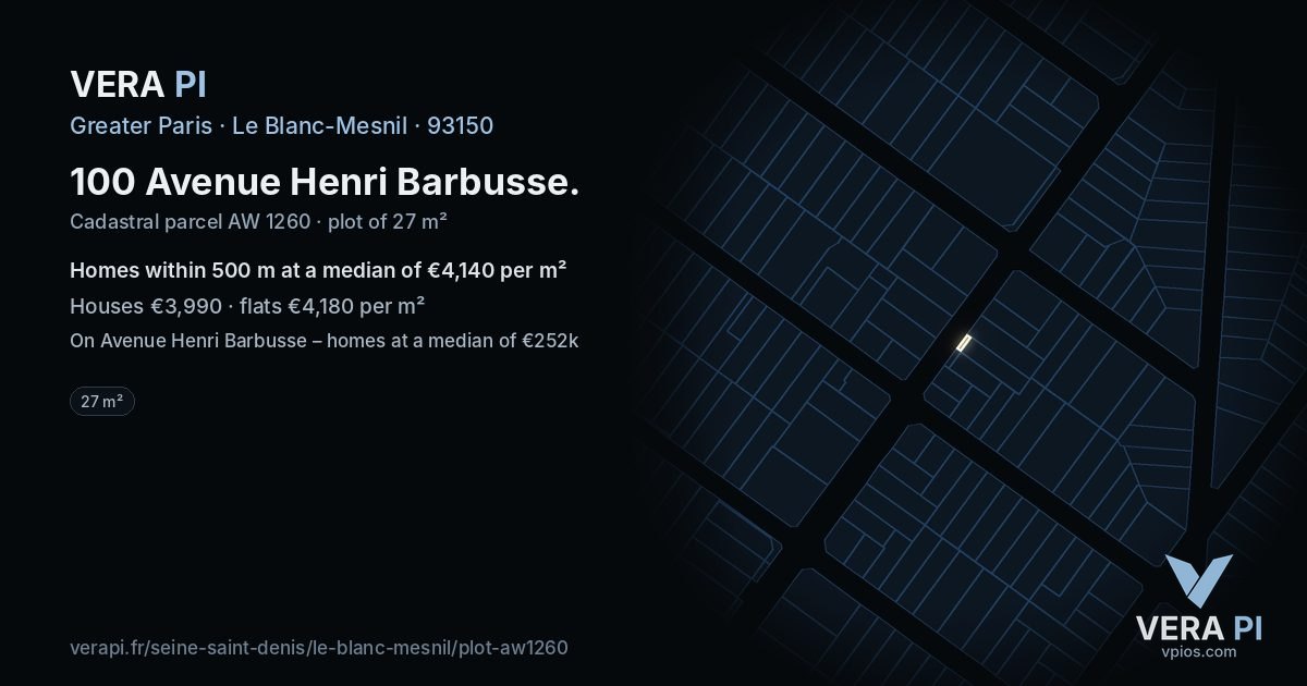 100 Avenue Henri Barbusse, Le Blanc-Mesnil at night – the plot lit, the parcels around coloured by the prices near them