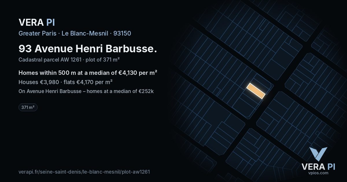 93 Avenue Henri Barbusse, Le Blanc-Mesnil at night – the plot lit, the parcels around coloured by the prices near them