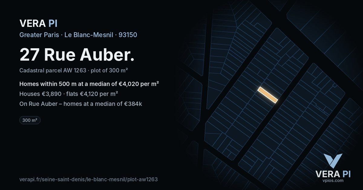 27 Rue Auber, Le Blanc-Mesnil at night – the plot lit, the parcels around coloured by the prices near them