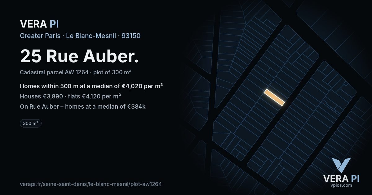 25 Rue Auber, Le Blanc-Mesnil at night – the plot lit, the parcels around coloured by the prices near them