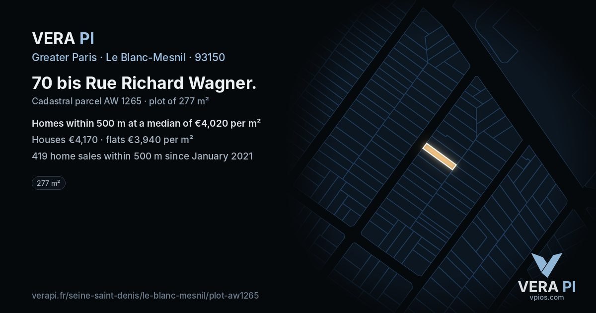 70 bis Rue Richard Wagner, Le Blanc-Mesnil at night – the plot lit, the parcels around coloured by the prices near them