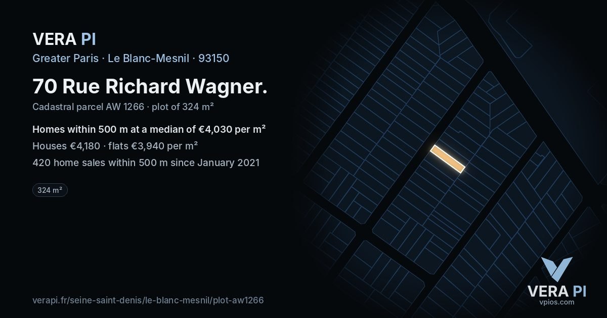 70 Rue Richard Wagner, Le Blanc-Mesnil at night – the plot lit, the parcels around coloured by the prices near them