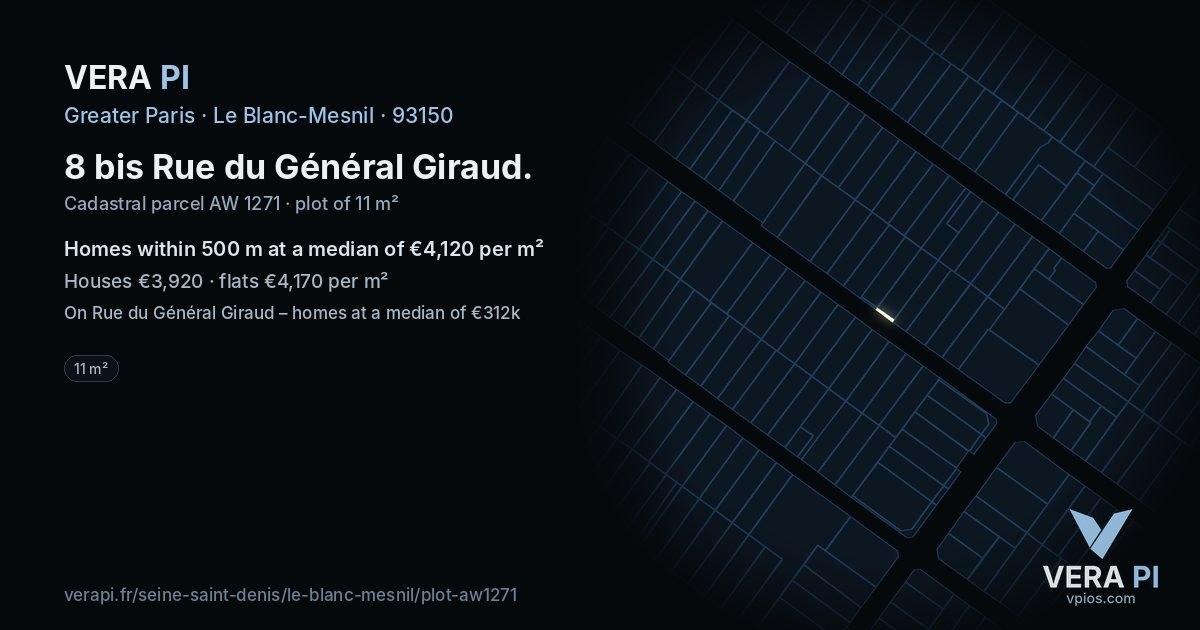 8 bis Rue du Général Giraud, Le Blanc-Mesnil at night – the plot lit, the parcels around coloured by the prices near them