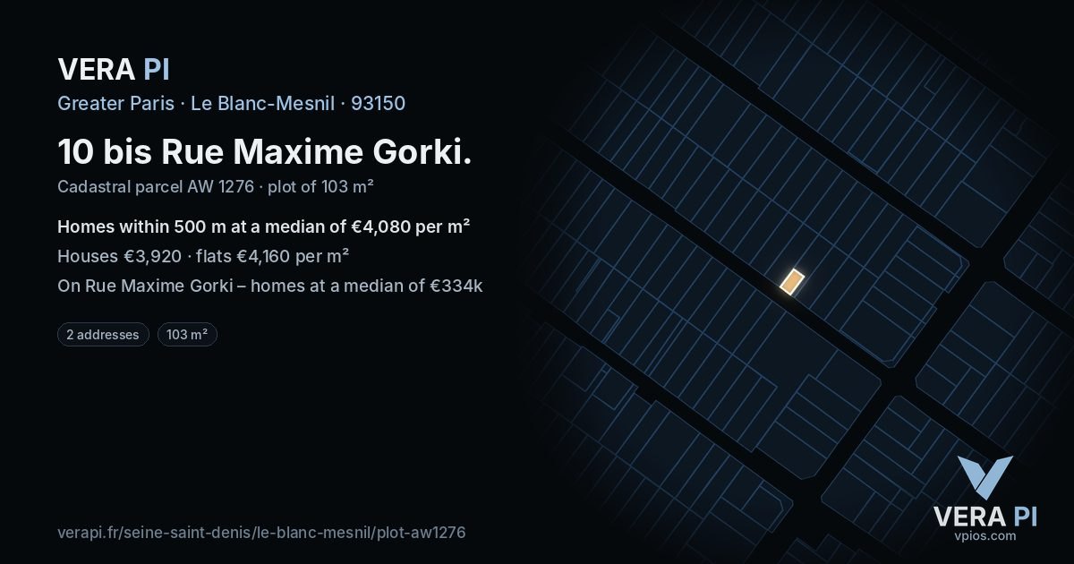 10 bis Rue Maxime Gorki, Le Blanc-Mesnil at night – the plot lit, the parcels around coloured by the prices near them