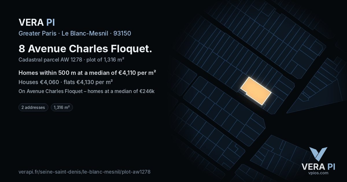 8 Avenue Charles Floquet, Le Blanc-Mesnil at night – the plot lit, the parcels around coloured by the prices near them