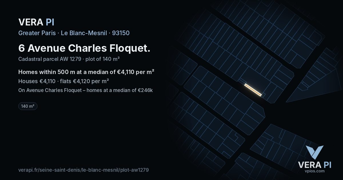 6 Avenue Charles Floquet, Le Blanc-Mesnil at night – the plot lit, the parcels around coloured by the prices near them