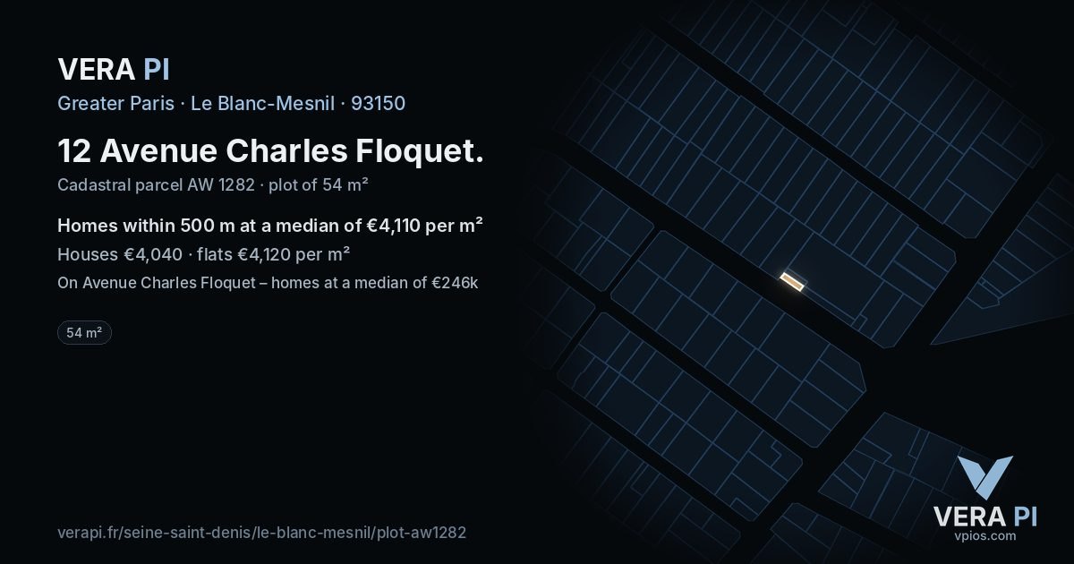 12 Avenue Charles Floquet, Le Blanc-Mesnil at night – the plot lit, the parcels around coloured by the prices near them
