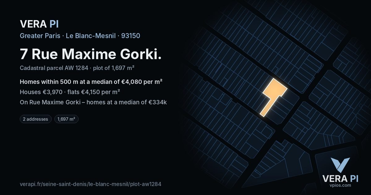 7 Rue Maxime Gorki, Le Blanc-Mesnil at night – the plot lit, the parcels around coloured by the prices near them