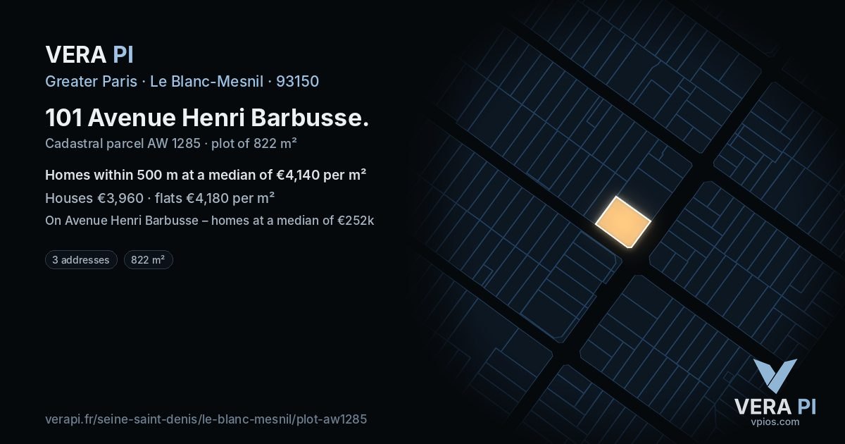 101 Avenue Henri Barbusse, Le Blanc-Mesnil at night – the plot lit, the parcels around coloured by the prices near them