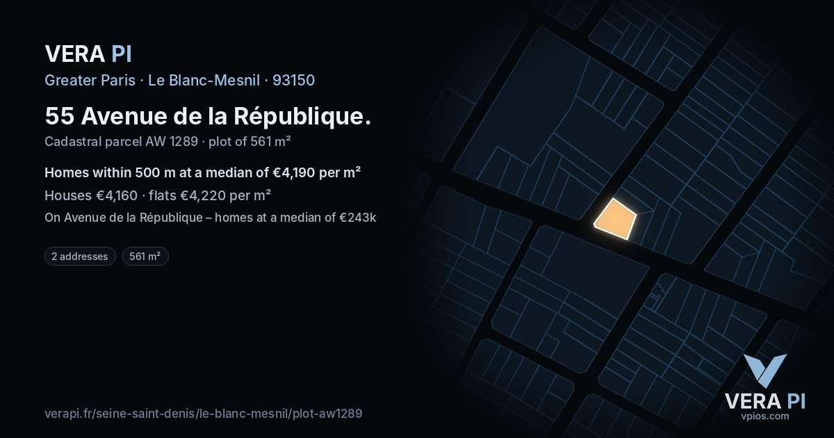 55 Avenue de la République, Le Blanc-Mesnil at night – the plot lit, the parcels around coloured by the prices near them