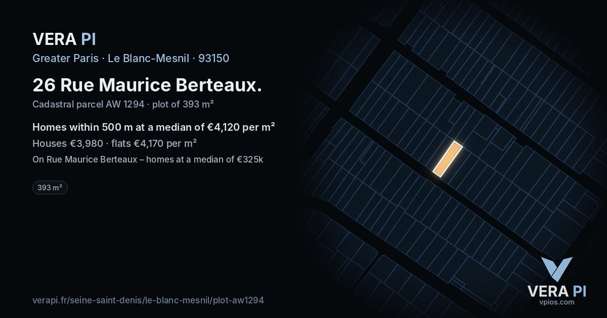 26 Rue Maurice Berteaux, Le Blanc-Mesnil at night – the plot lit, the parcels around coloured by the prices near them