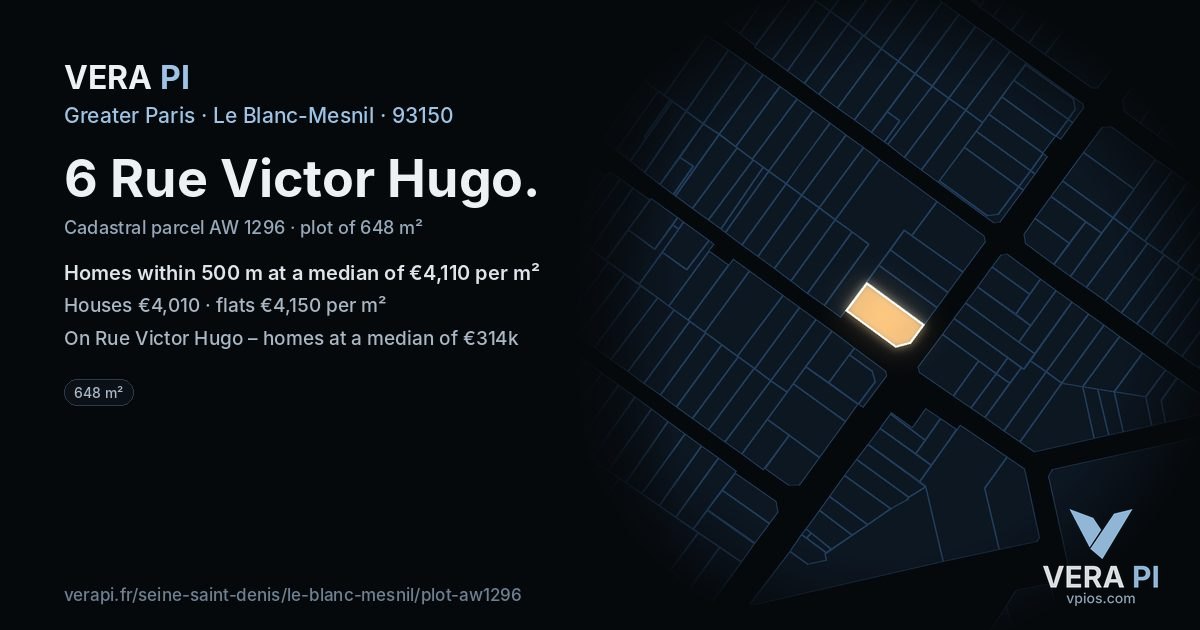 6 Rue Victor Hugo, Le Blanc-Mesnil at night – the plot lit, the parcels around coloured by the prices near them