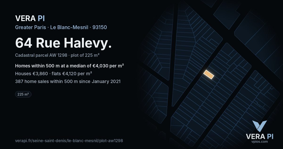 64 Rue Halevy, Le Blanc-Mesnil at night – the plot lit, the parcels around coloured by the prices near them