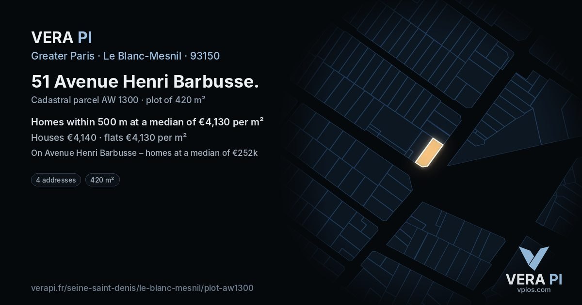 51 Avenue Henri Barbusse, Le Blanc-Mesnil at night – the plot lit, the parcels around coloured by the prices near them