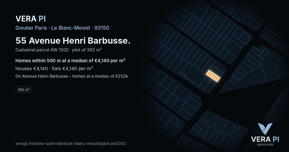 55 Avenue Henri Barbusse, Le Blanc-Mesnil at night – the plot lit, the parcels around coloured by the prices near them