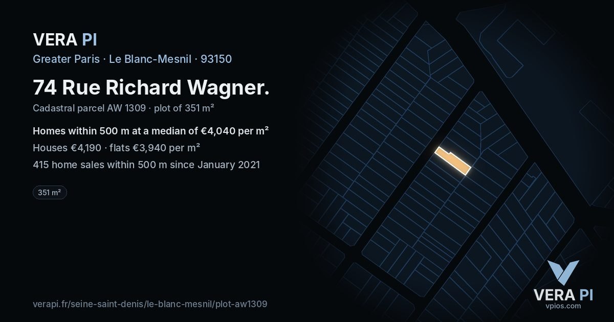 74 Rue Richard Wagner, Le Blanc-Mesnil at night – the plot lit, the parcels around coloured by the prices near them