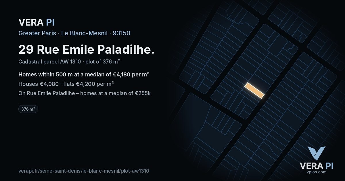 29 Rue Emile Paladilhe, Le Blanc-Mesnil at night – the plot lit, the parcels around coloured by the prices near them