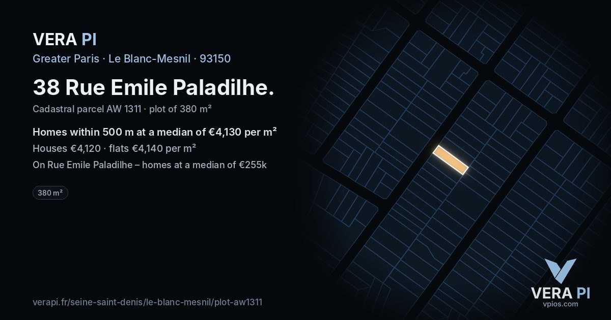 38 Rue Emile Paladilhe, Le Blanc-Mesnil at night – the plot lit, the parcels around coloured by the prices near them