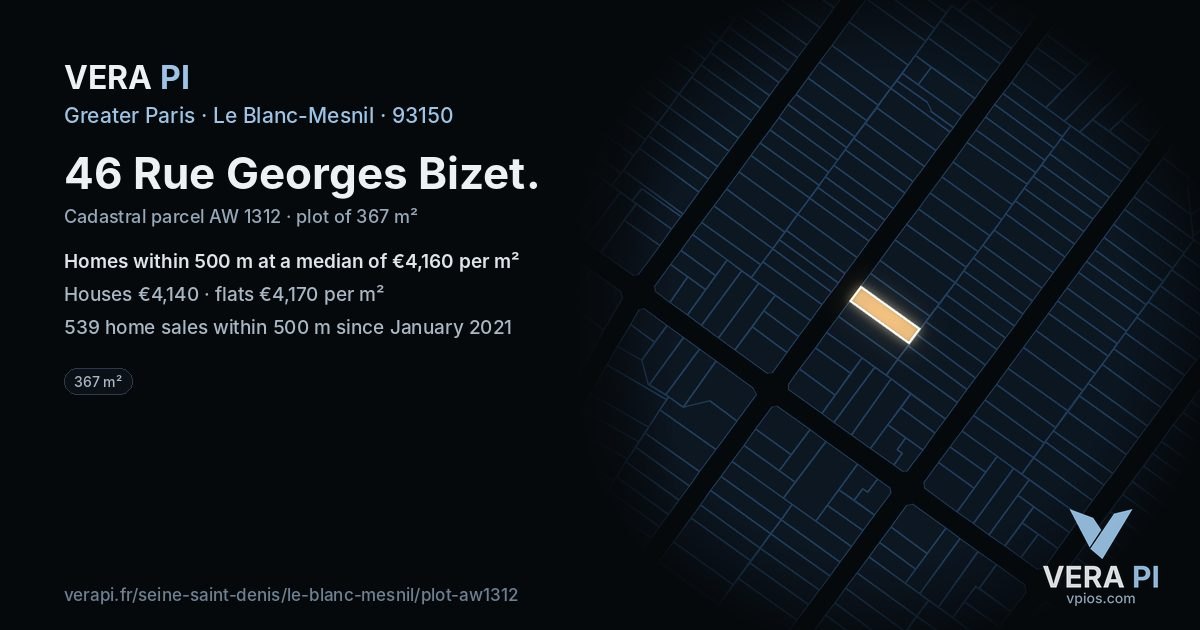 46 Rue Georges Bizet, Le Blanc-Mesnil at night – the plot lit, the parcels around coloured by the prices near them