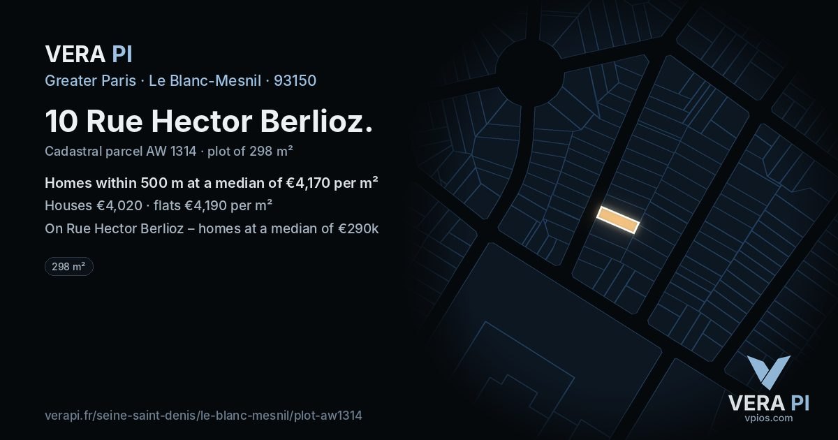 10 Rue Hector Berlioz, Le Blanc-Mesnil at night – the plot lit, the parcels around coloured by the prices near them