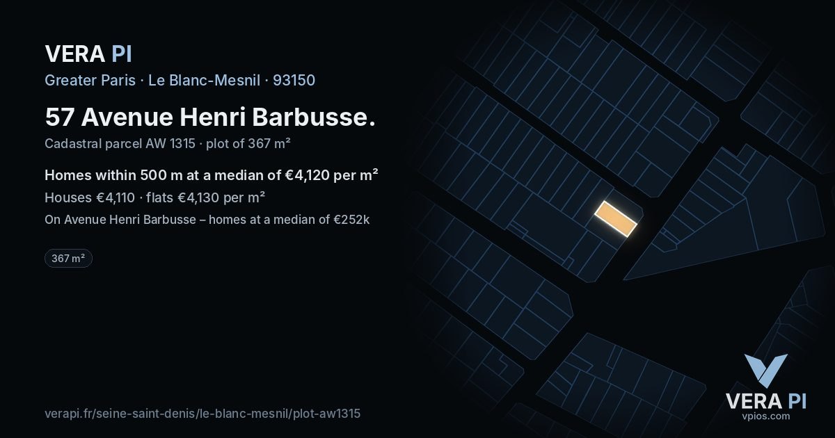 57 Avenue Henri Barbusse, Le Blanc-Mesnil at night – the plot lit, the parcels around coloured by the prices near them