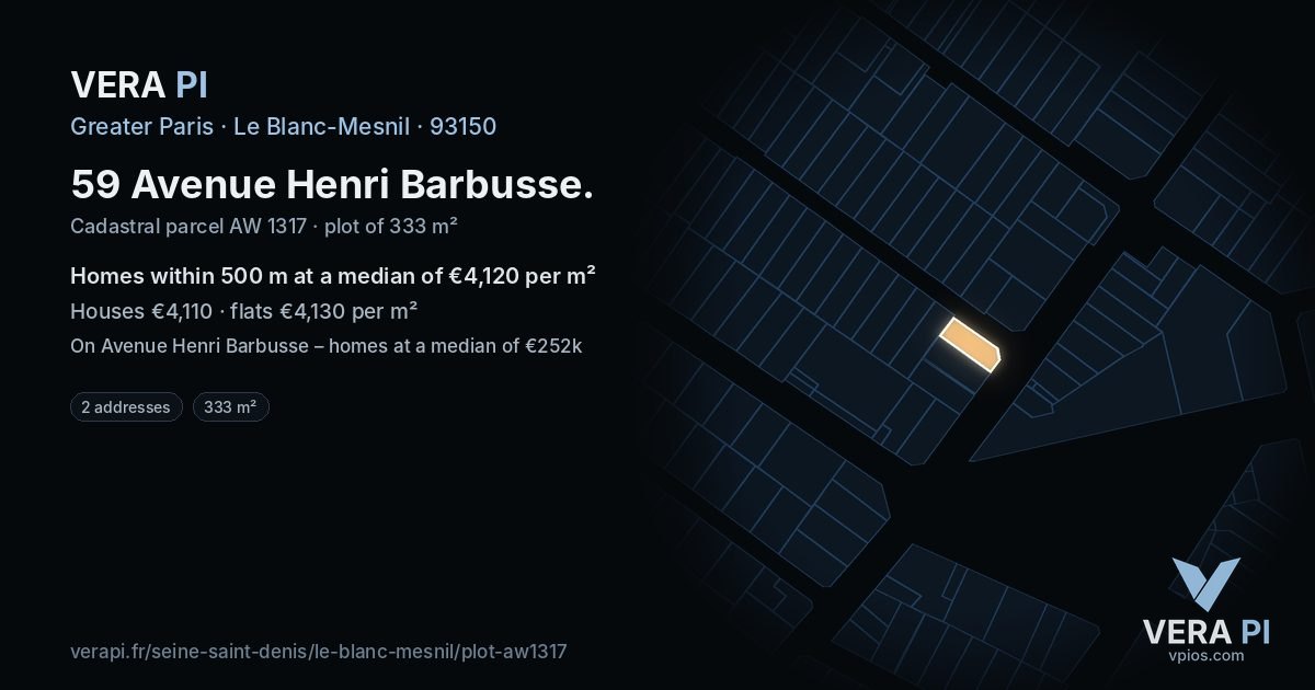 59 Avenue Henri Barbusse, Le Blanc-Mesnil at night – the plot lit, the parcels around coloured by the prices near them
