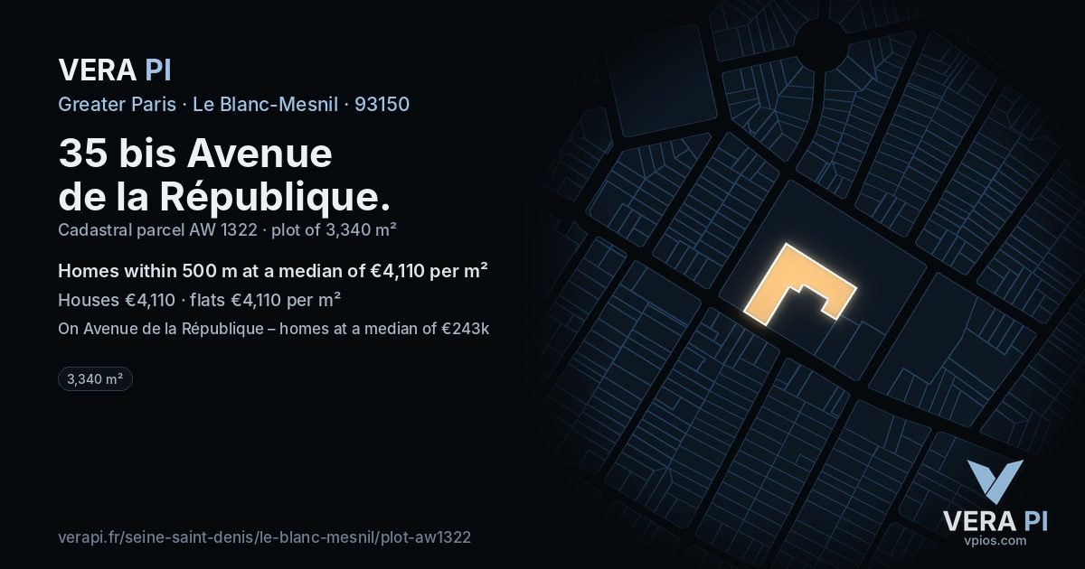 35 bis Avenue de la République, Le Blanc-Mesnil at night – the plot lit, the parcels around coloured by the prices near them