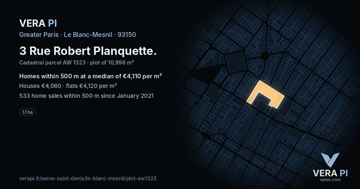 3 Rue Robert Planquette, Le Blanc-Mesnil at night – the plot lit, the parcels around coloured by the prices near them