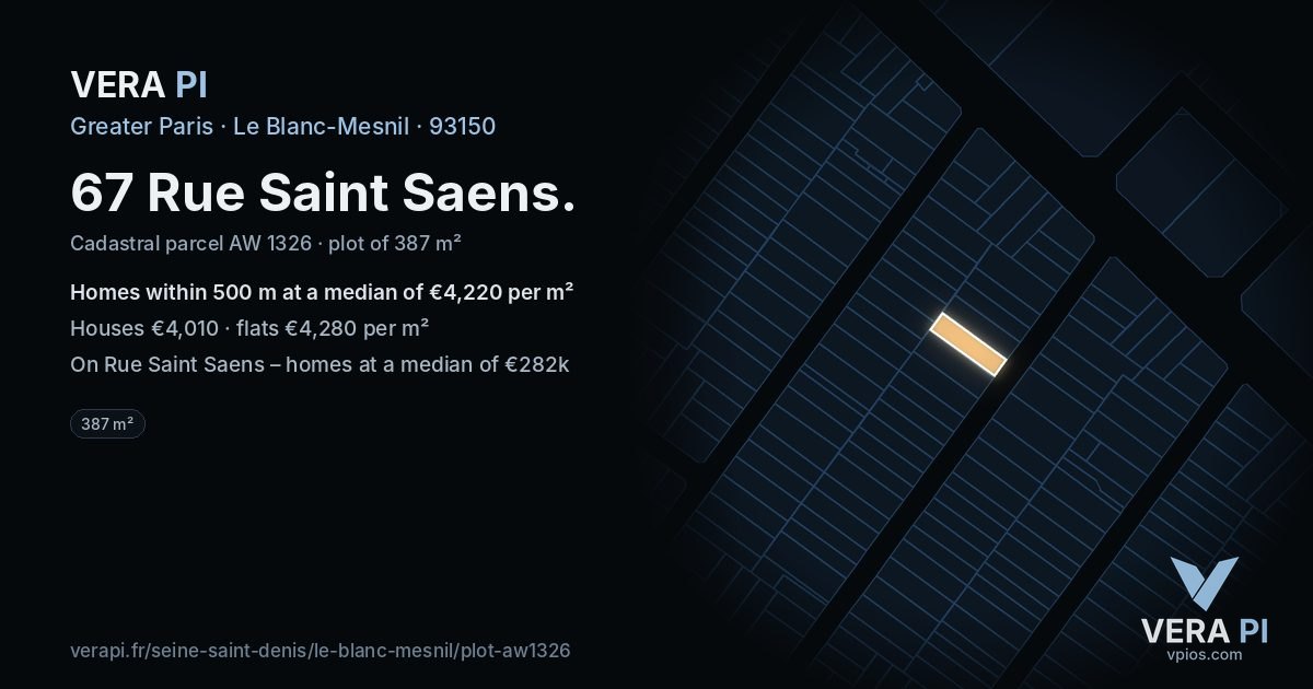 67 Rue Saint Saens, Le Blanc-Mesnil at night – the plot lit, the parcels around coloured by the prices near them