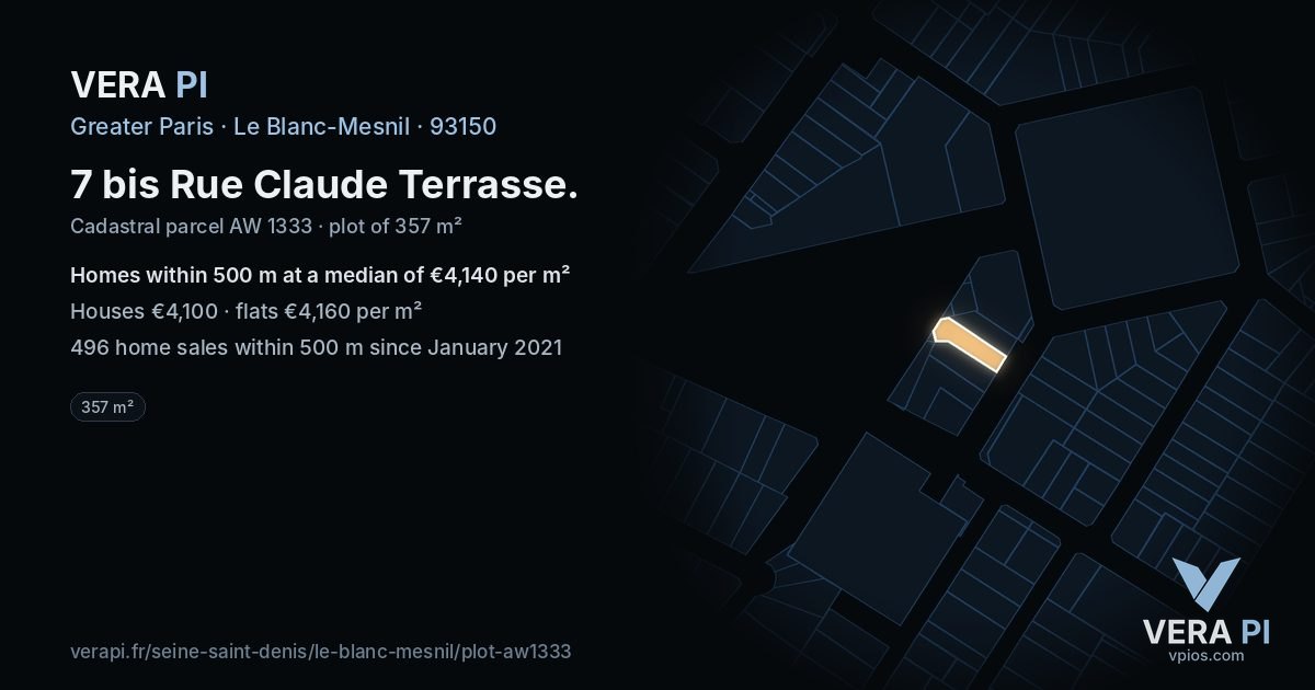 7 bis Rue Claude Terrasse, Le Blanc-Mesnil at night – the plot lit, the parcels around coloured by the prices near them