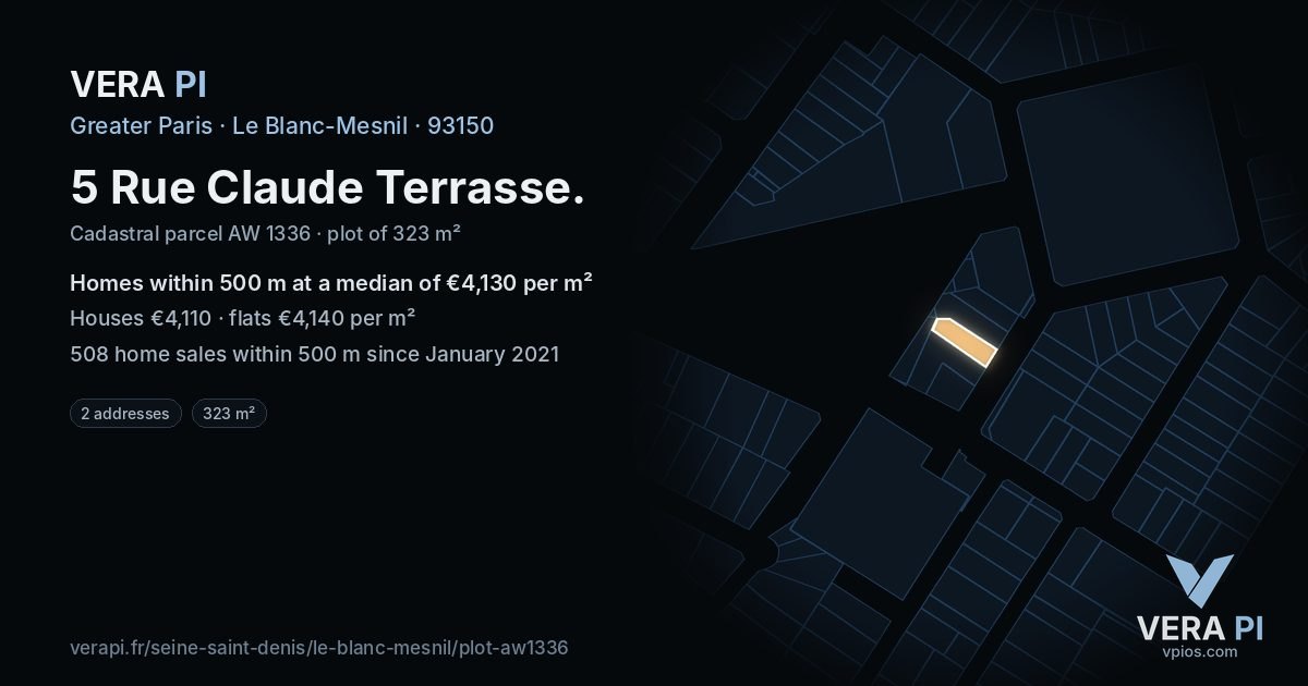 5 Rue Claude Terrasse, Le Blanc-Mesnil at night – the plot lit, the parcels around coloured by the prices near them