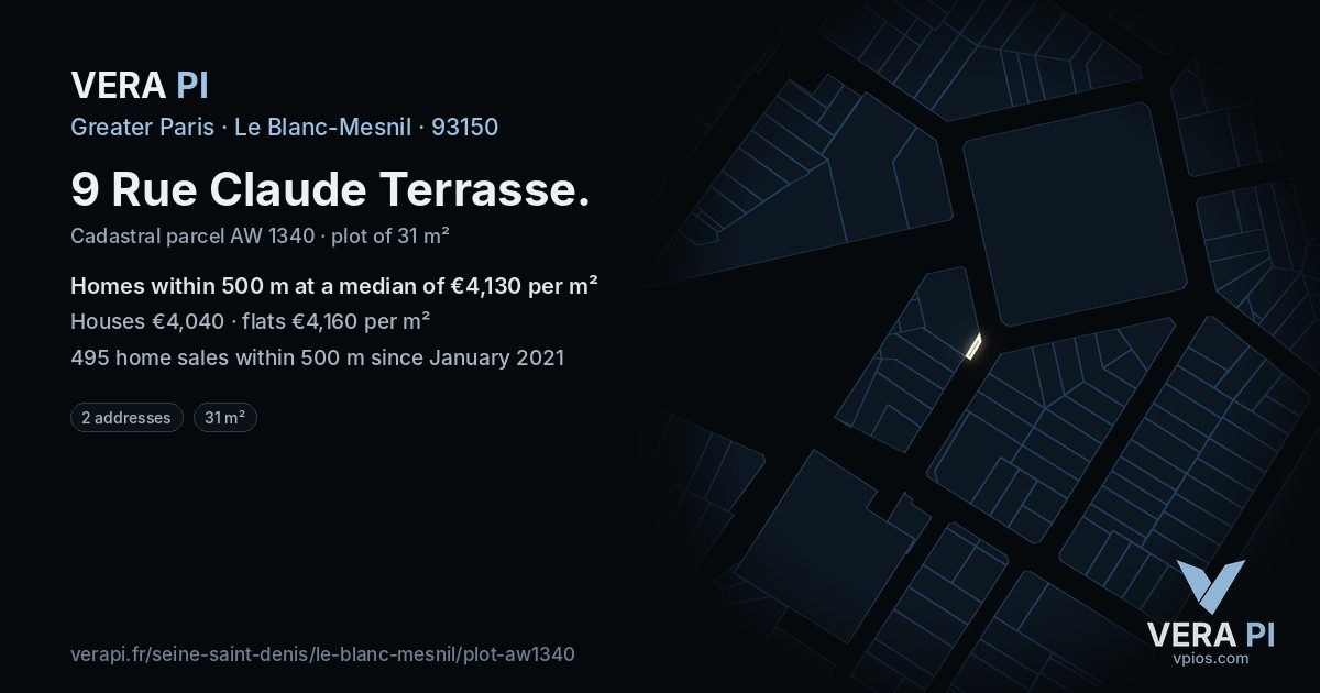 9 Rue Claude Terrasse, Le Blanc-Mesnil at night – the plot lit, the parcels around coloured by the prices near them