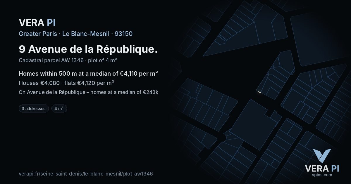 9 Avenue de la République, Le Blanc-Mesnil at night – the plot lit, the parcels around coloured by the prices near them
