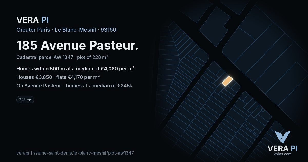 185 Avenue Pasteur, Le Blanc-Mesnil at night – the plot lit, the parcels around coloured by the prices near them