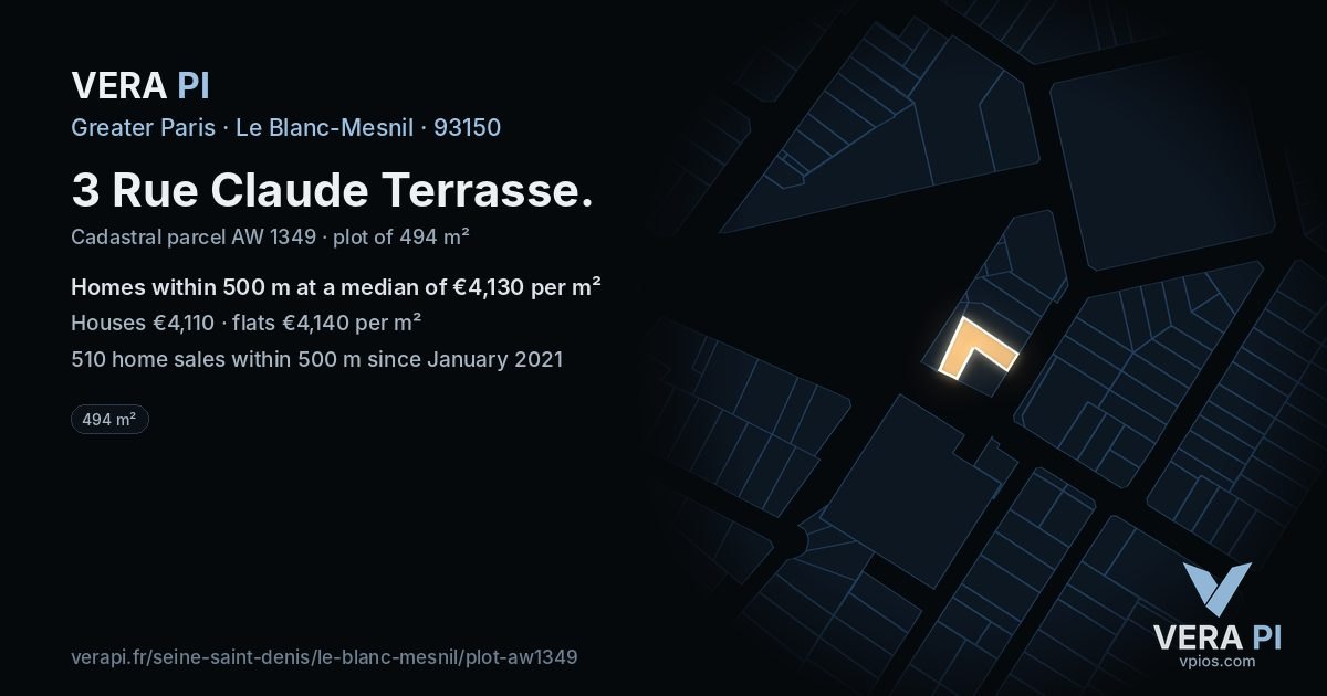 3 Rue Claude Terrasse, Le Blanc-Mesnil at night – the plot lit, the parcels around coloured by the prices near them