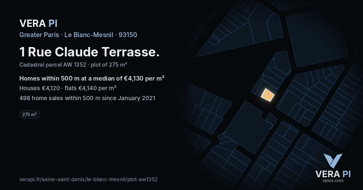 1 Rue Claude Terrasse, Le Blanc-Mesnil at night – the plot lit, the parcels around coloured by the prices near them