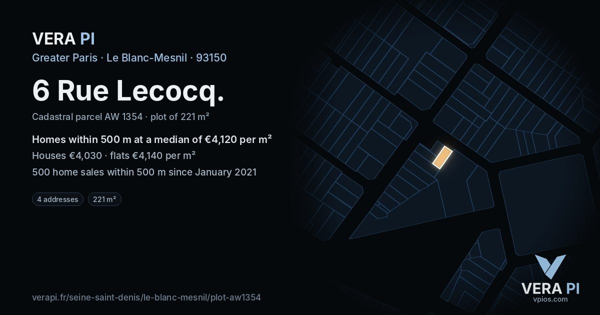 6 Rue Lecocq, Le Blanc-Mesnil at night – the plot lit, the parcels around coloured by the prices near them