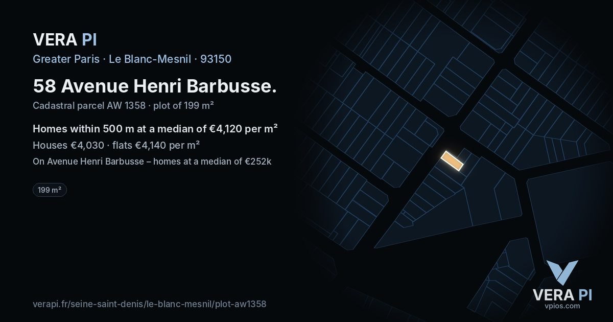 58 Avenue Henri Barbusse, Le Blanc-Mesnil at night – the plot lit, the parcels around coloured by the prices near them
